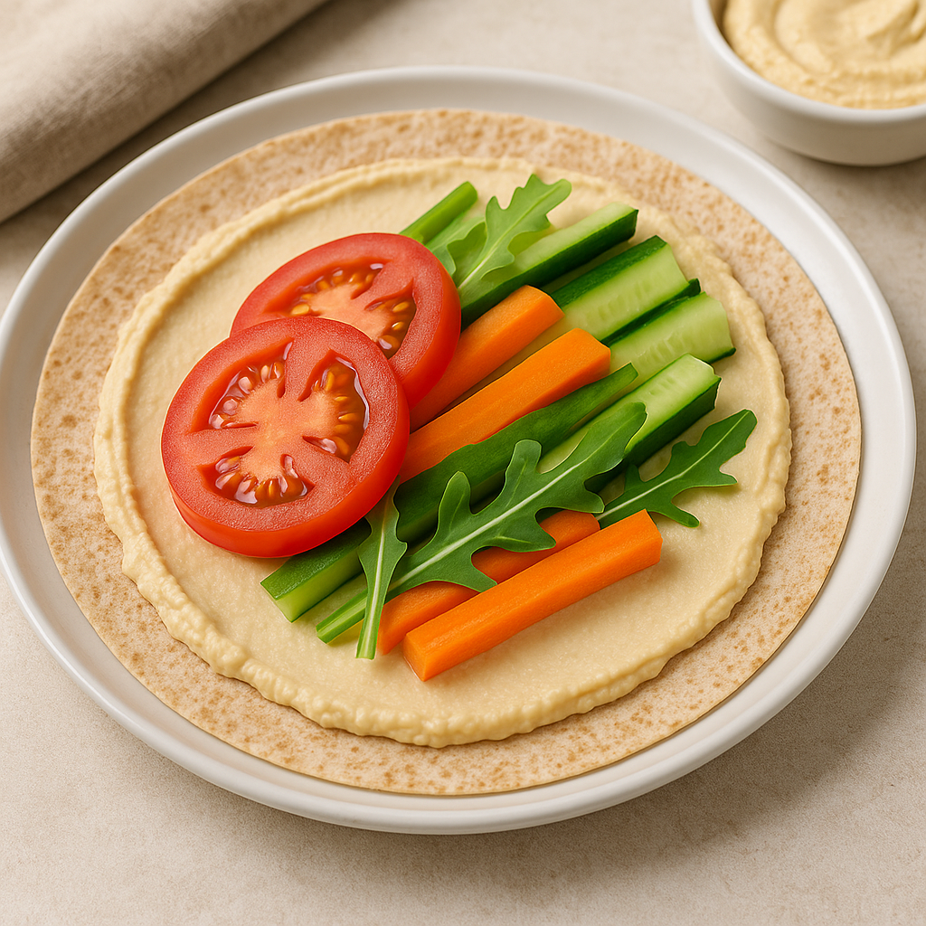 Wegetariańskie śniadanie – tortilla z hummusem i warzywami